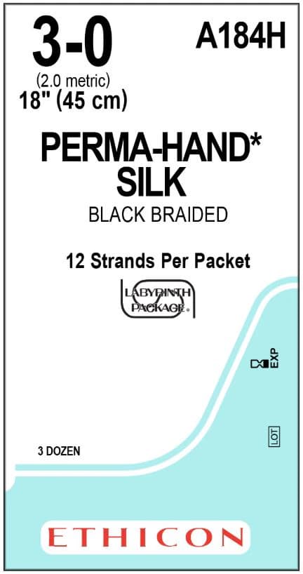 Ethicon Perma-Hand Silk Suture, Non-Absorbable, Braided, Coated, Black, Size 3-0, 12-18", A184H, 36/Box thumbnail 2