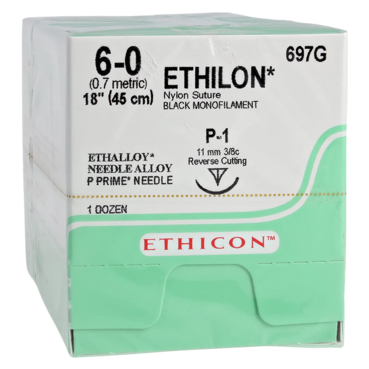 Ethicon Ethilon 6-0 Nylon Monofilament Suture, Black, 18", P-1 Reverse Cutting Needle, 3/8 Circle, 12/Bx, 697G - Ethilon® Sutures 6-0 Nylon Monofilament P-1 3/8 Circle Black 18 Inch Pkg/12 - Image 1