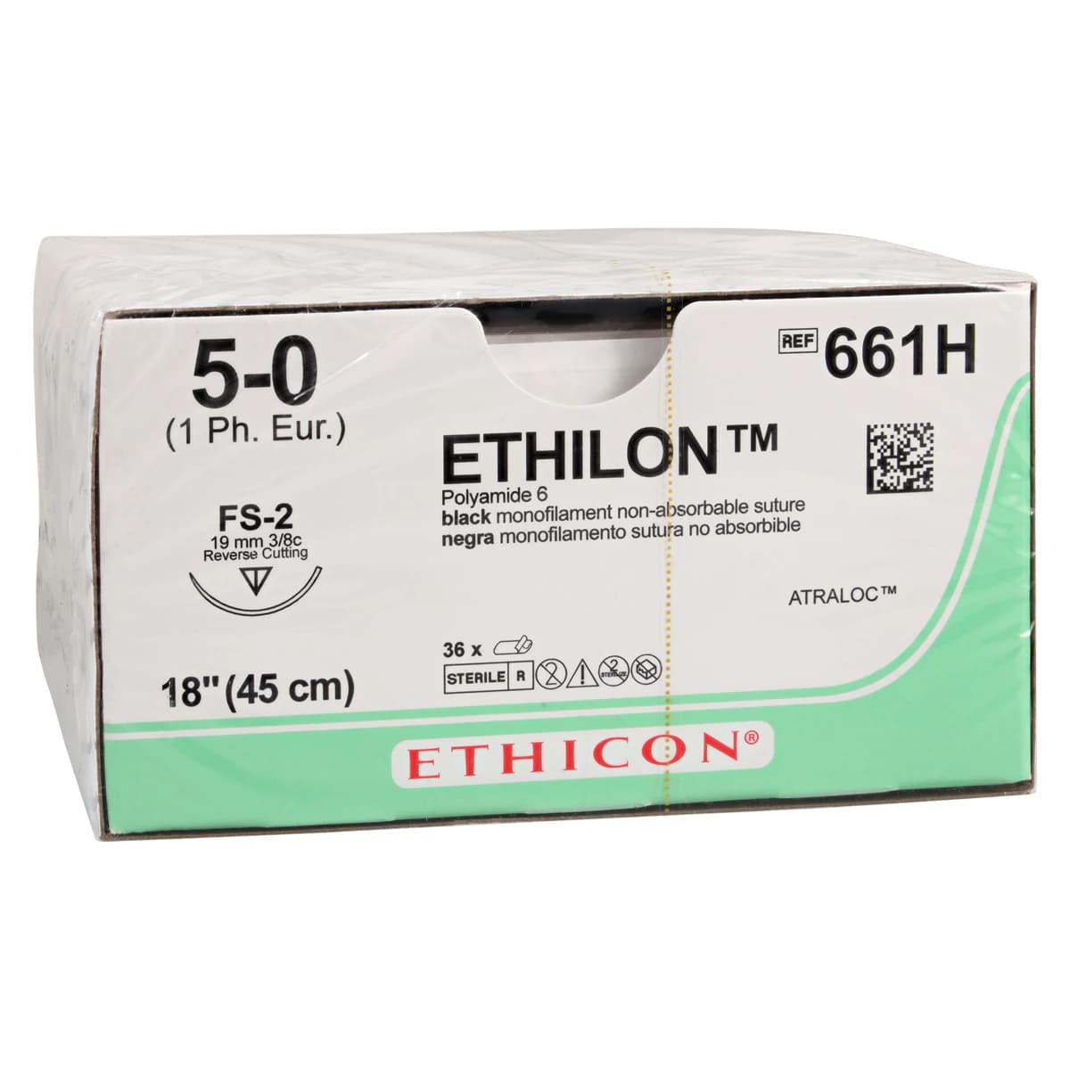 Ethicon Ethilon Nylon Suture, 5-0, 18", Black, Monofilament, Non-Absorbable, FS-2 Reverse Cutting 3/8 Circle Needle, 19mm, 36/Bx thumbnail 2