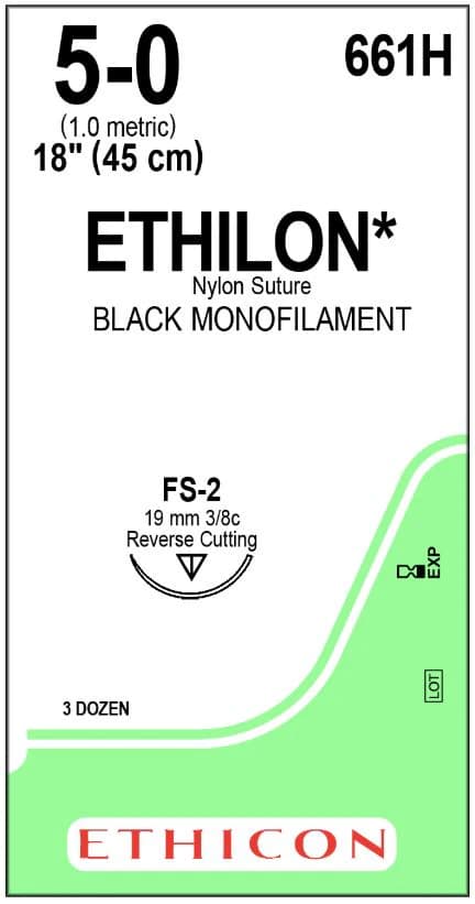 Ethicon Ethilon Nylon Suture, 5-0, 18", Black, Monofilament, Non-Absorbable, FS-2 Reverse Cutting 3/8 Circle Needle, 19mm, 36/Bx - Suture Ethilon Mono Blk Fs2 - Image 1