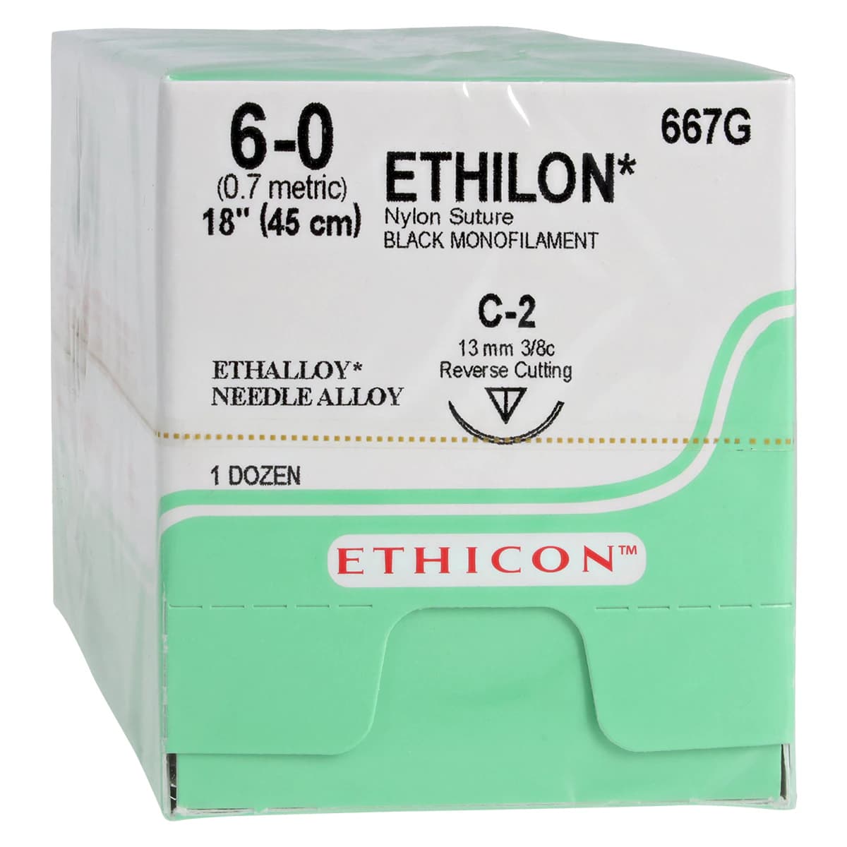 Ethicon Ethilon Nylon Suture, 6-0, 18", Black Monofilament, C-2 Reverse Cutting Needle, 3/8 Circle, 12/Box, 667G thumbnail 2