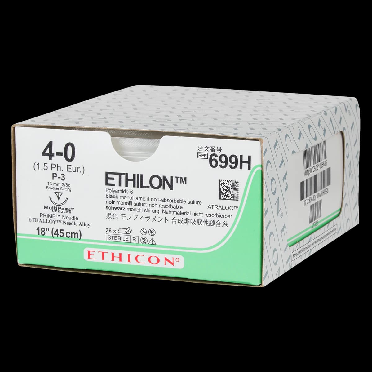 Ethilon Nylon Monofilament Non-Absorbable Suture, Size 4-0, 18", Black, P-3 Precision Point Reverse Cutting Needle, 3/8 Circle, 36/Box thumbnail 2
