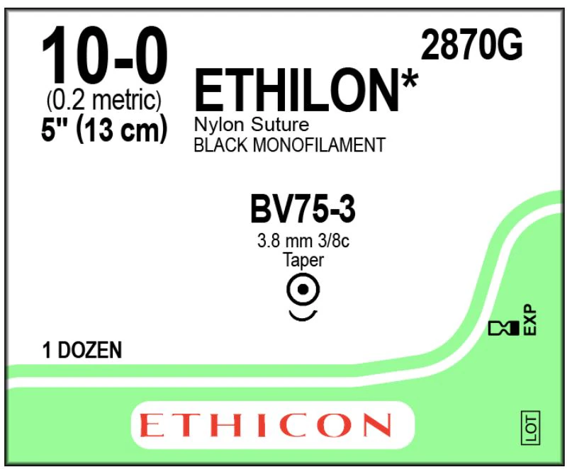 Ethicon Ethilon Nylon Suture, 10-0, 5", Black Monofilament, BV75-3 Taper Point 3/8 Circle Needle, 12/Box, 2870G - ETHICON ETHILON NYLON SUTURES, 2870G - Image 1
