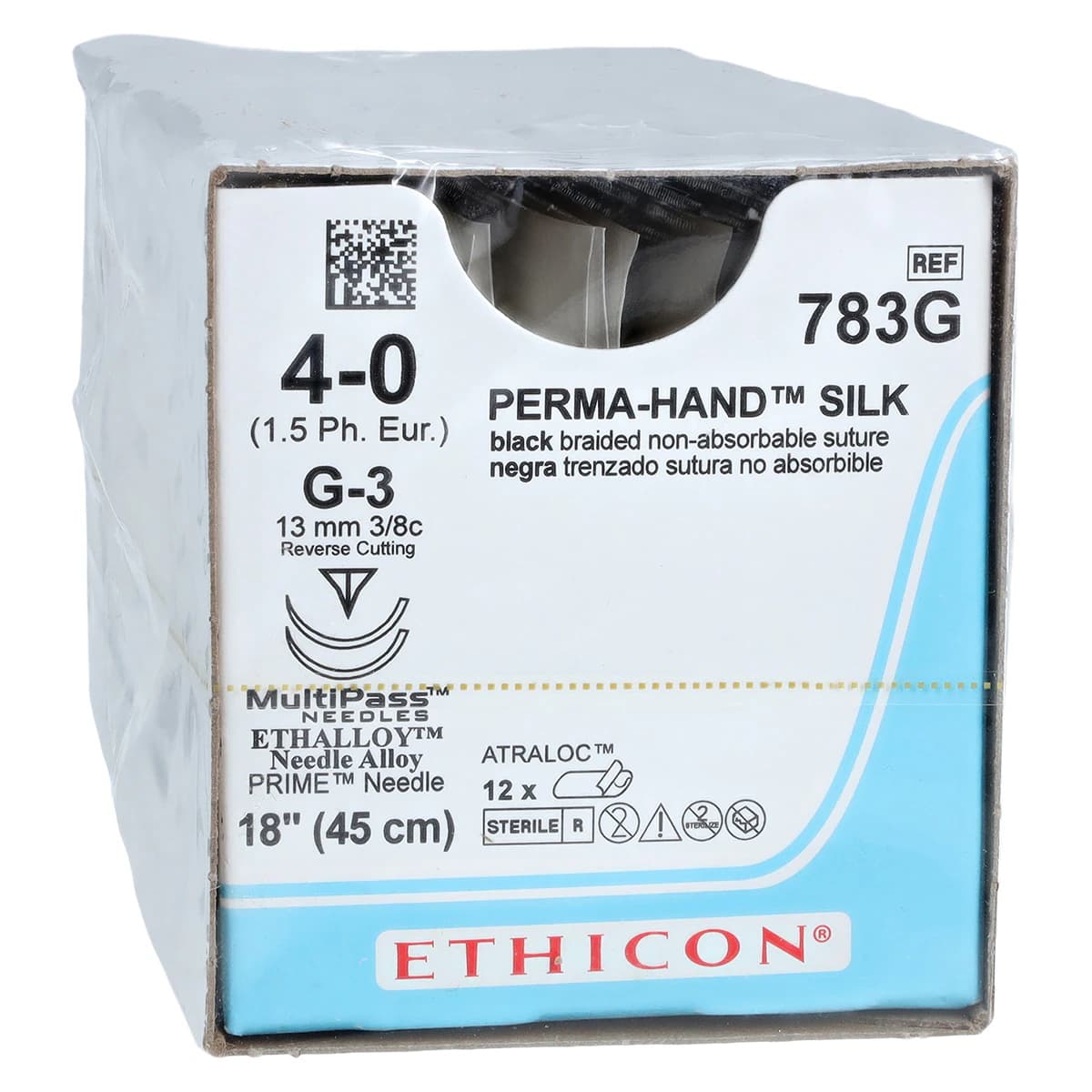 Perma-Hand Silk Braided Non-Absorbable Suture, Size 4-0, 18", Black, G-3 Reverse Cutting 3/8 Circle Needle, 12/Box - Suture Silk Black G-3 - Image 1