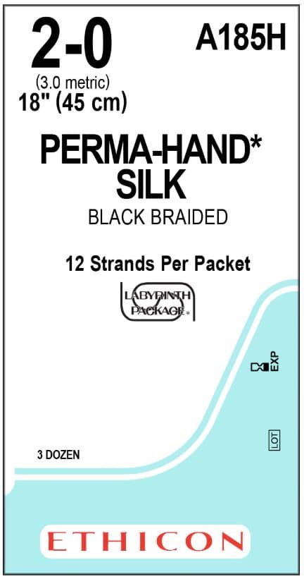 Ethicon Perma-Hand Silk Suture, A185H, Size 2-0, 12-18", Black Braided, Non-Absorbable, 36/Box - ETHICON PERMA-HAND SILK SUTURES, A185H - Image 1