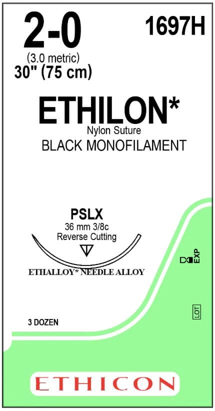 Ethilon Nylon Monofilament Non-Absorbable Suture, Size 2-0, 30 in, Black, PSLX Reverse Cutting 3/8 Circle Needle 36mm, 36/Box - Suture Ethilon Mono Blk Pslx - Image 1