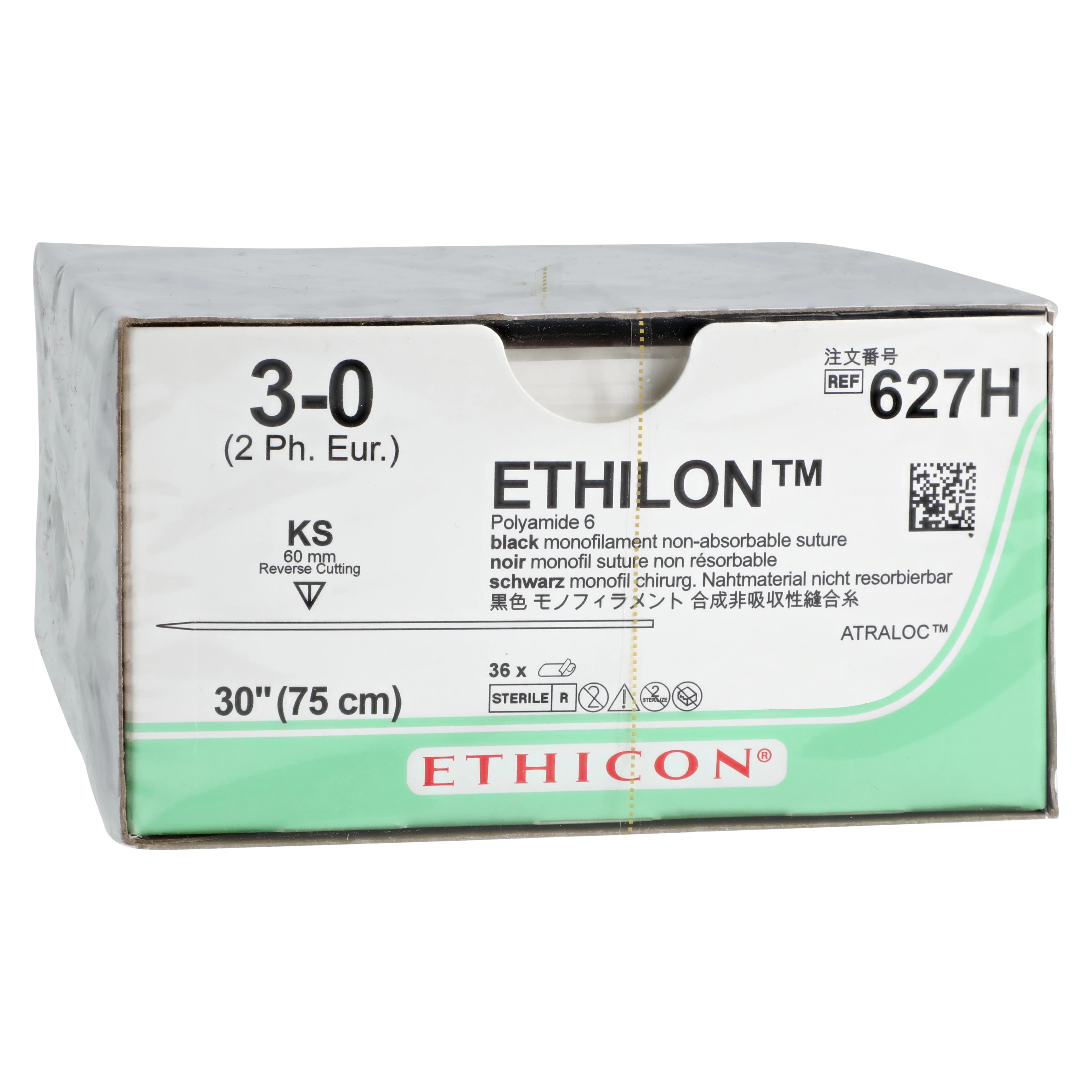Ethilon Nylon Monofilament Non-Absorbable Suture, Size 3-0, 30 in, Black, KS Straight Cutting Needle 60mm, 36/Box thumbnail 2
