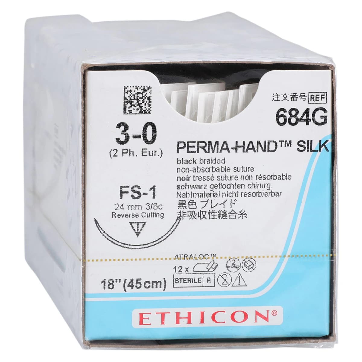 Ethicon Perma-Hand Braided Silk Non-Absorbable Sutures, 3-0, 18", FS-1 Reverse Cutting Needle, 3/8 Circle, Black, 12/Box, 684G thumbnail 2