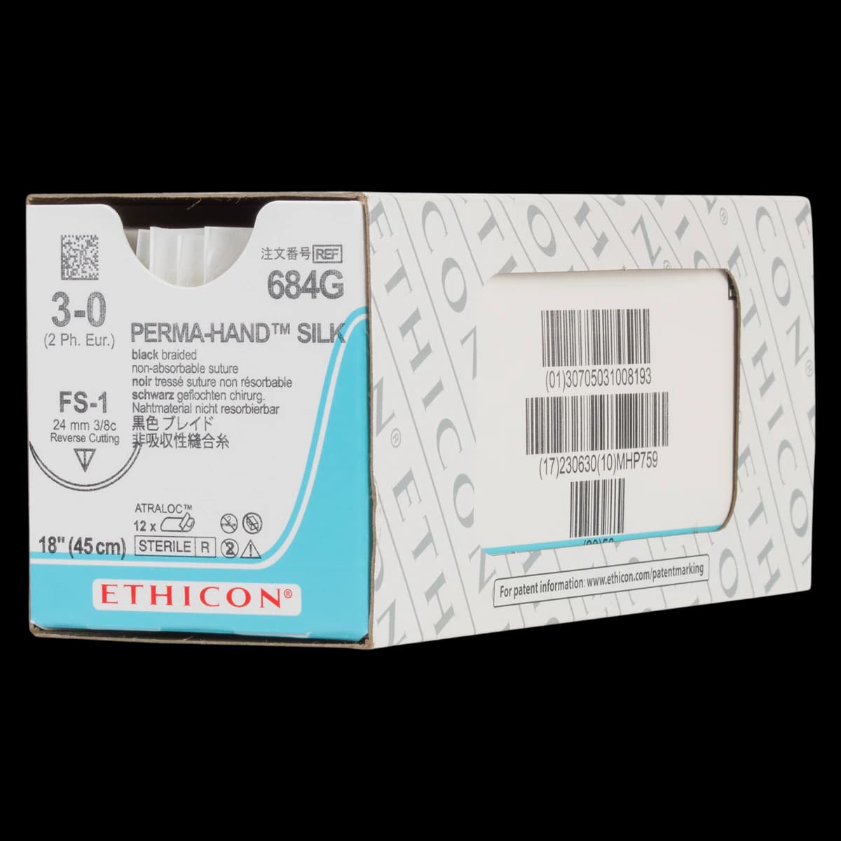 Ethicon Perma-Hand Braided Silk Non-Absorbable Sutures, 3-0, 18", FS-1 Reverse Cutting Needle, 3/8 Circle, Black, 12/Box, 684G - 3-0 Braided Silk Sutures with FS-1 Needle, 18", Black, 12/Pk, 684G - Image 1