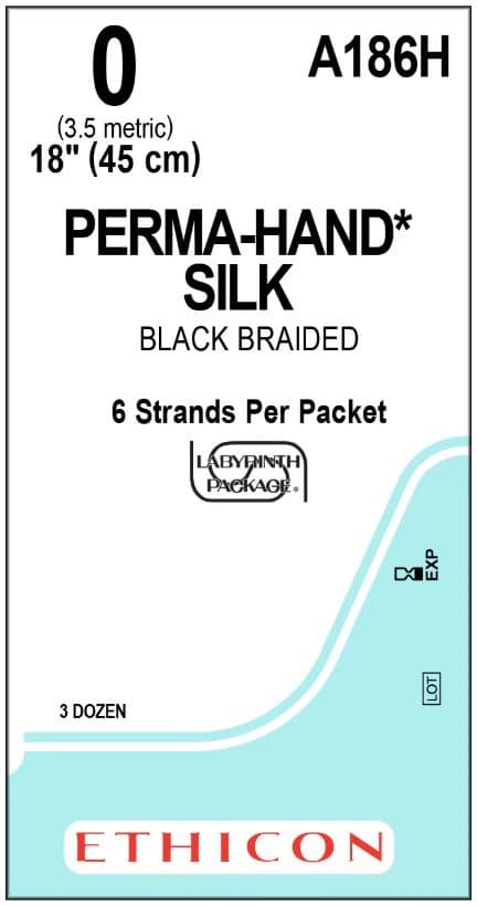 Ethicon Perma-Hand Silk Suture, Size 0, 6-18", Black Braided, Non-Absorbable, Sutupak Pre-Cut, 36/Box, A186H - ETHICON PERMA-HAND SILK SUTURES, A186H - Image 1