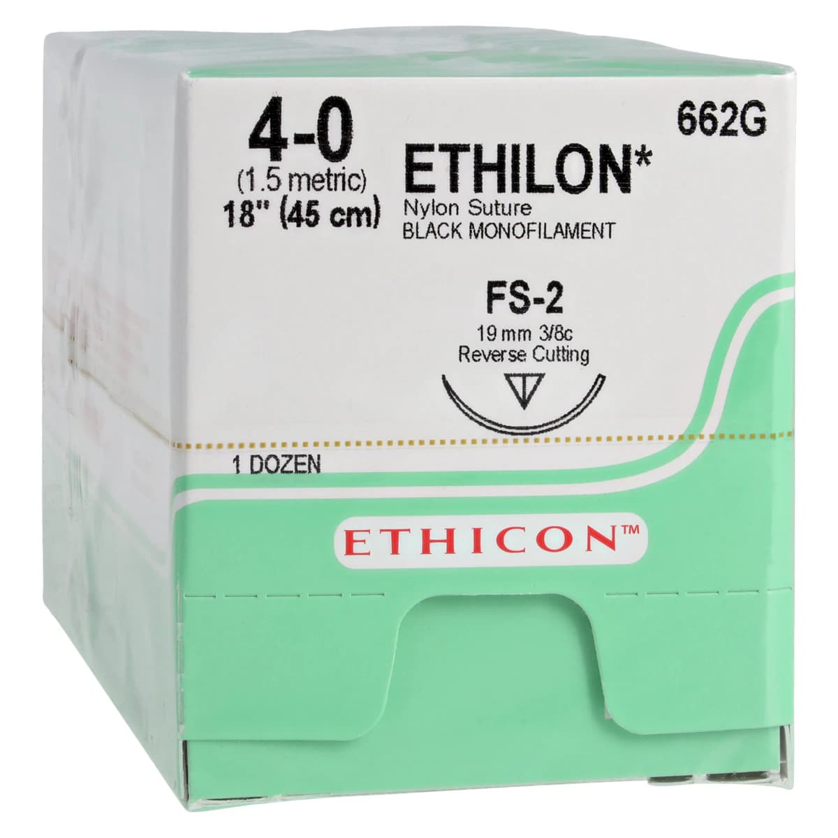 Ethicon Ethilon Nylon Monofilament Non-Absorbable Suture, 4-0, 18", FS-2 Reverse Cutting 3/8 Circle Needle, Black, 12/Box, 662G - Suture Nylon FS2 4/0 18" 12/Bx - Image 1