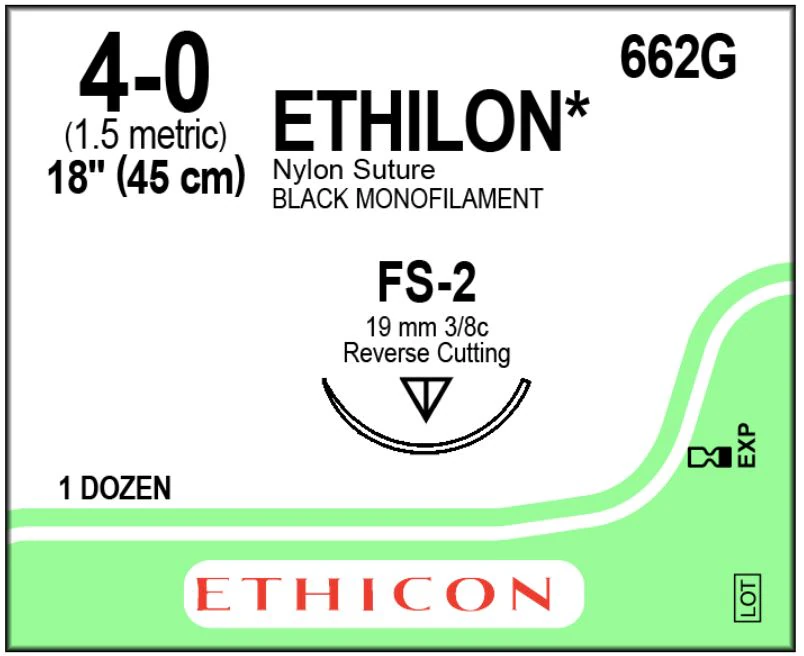 Ethicon Ethilon Nylon Monofilament Non-Absorbable Suture, 4-0, 18", FS-2 Reverse Cutting 3/8 Circle Needle, Black, 12/Box, 662G thumbnail 2