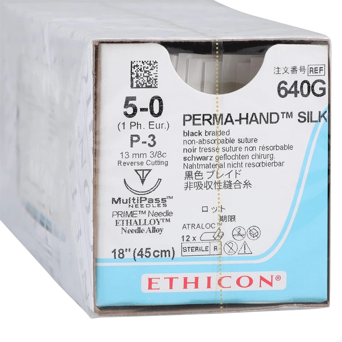 Ethicon Perma-Hand Braided Silk Non-Absorbable Sutures, 5-0, 18", P-3 Precision Point Reverse Cutting Needle, 3/8 Circle, Black, 12/Box, 640G - 5-0 Braided Silk Sutures with P-3 Needle, Black, 12/Pk, 640G - Image 1