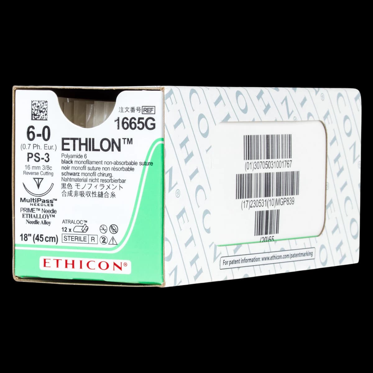 Ethicon Ethilon 6/0 Black Monofilament Non-Absorbable Suture, 18", PS-3 Precision Point Reverse Cutting Needle, 3/8 Circle, 12/Box, 1665G thumbnail 2