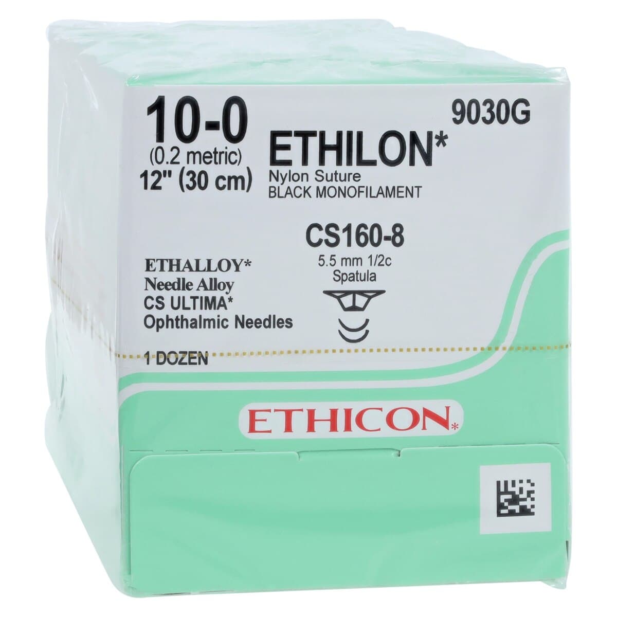 Ethicon Ethilon Nylon Suture, 10-0, Black Monofilament, CS160-8 Ultima Reverse Cutting 1/2 Circle Needle, 12" x 12/Bx, 9030G thumbnail 2