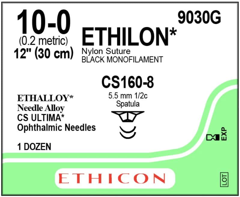 Ethicon Ethilon Nylon Suture, 10-0, Black Monofilament, CS160-8 Ultima Reverse Cutting 1/2 Circle Needle, 12" x 12/Bx, 9030G - ETHICON ETHILON NYLON SUTURES, 9030G - Image 1