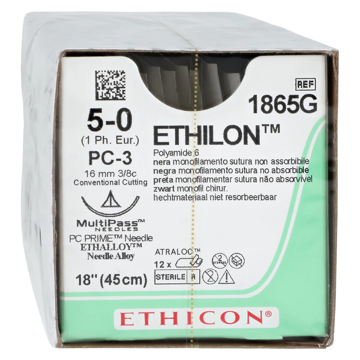 Ethicon Ethilon Nylon Suture, 5-0, 18", Black Monofilament, PC-3 Prime Conventional Cutting Needle, 3/8 Circle, 12/Box, 1865G - ETHICON ETHILON NYLON SUTURES, 1865G - Image 1