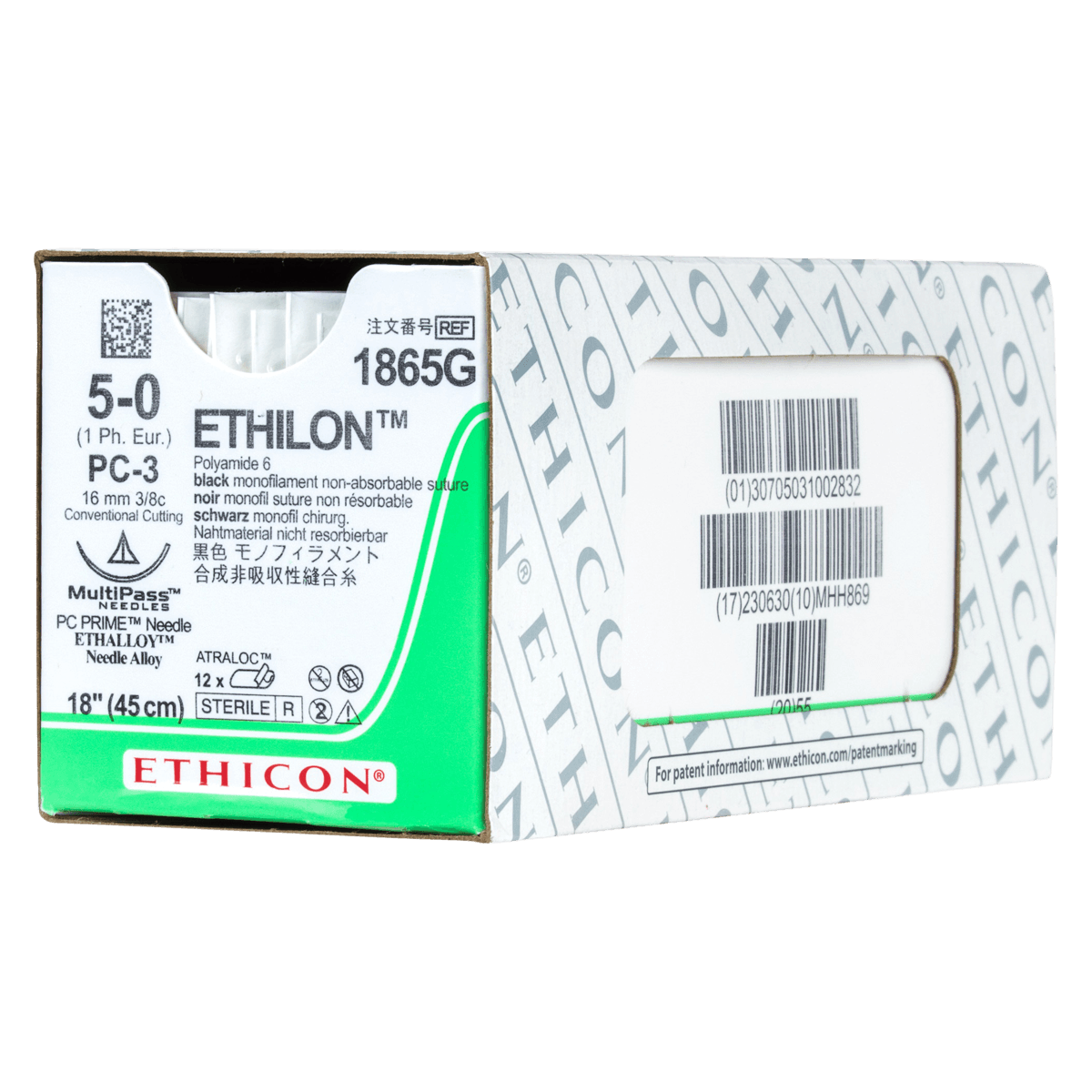 Ethicon Ethilon Nylon Suture, 5-0, 18", Black Monofilament, PC-3 Prime Conventional Cutting Needle, 3/8 Circle, 12/Box, 1865G thumbnail 2