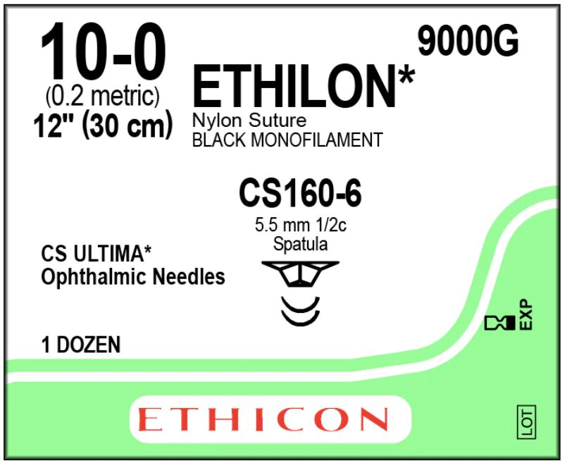 Ethicon Ethilon Nylon Suture, 10-0, Black Monofilament, CS160-6 Ultima Spatula Needle, 1/2 Circle, 12" (30 cm), 12/Box, 9000G thumbnail 2