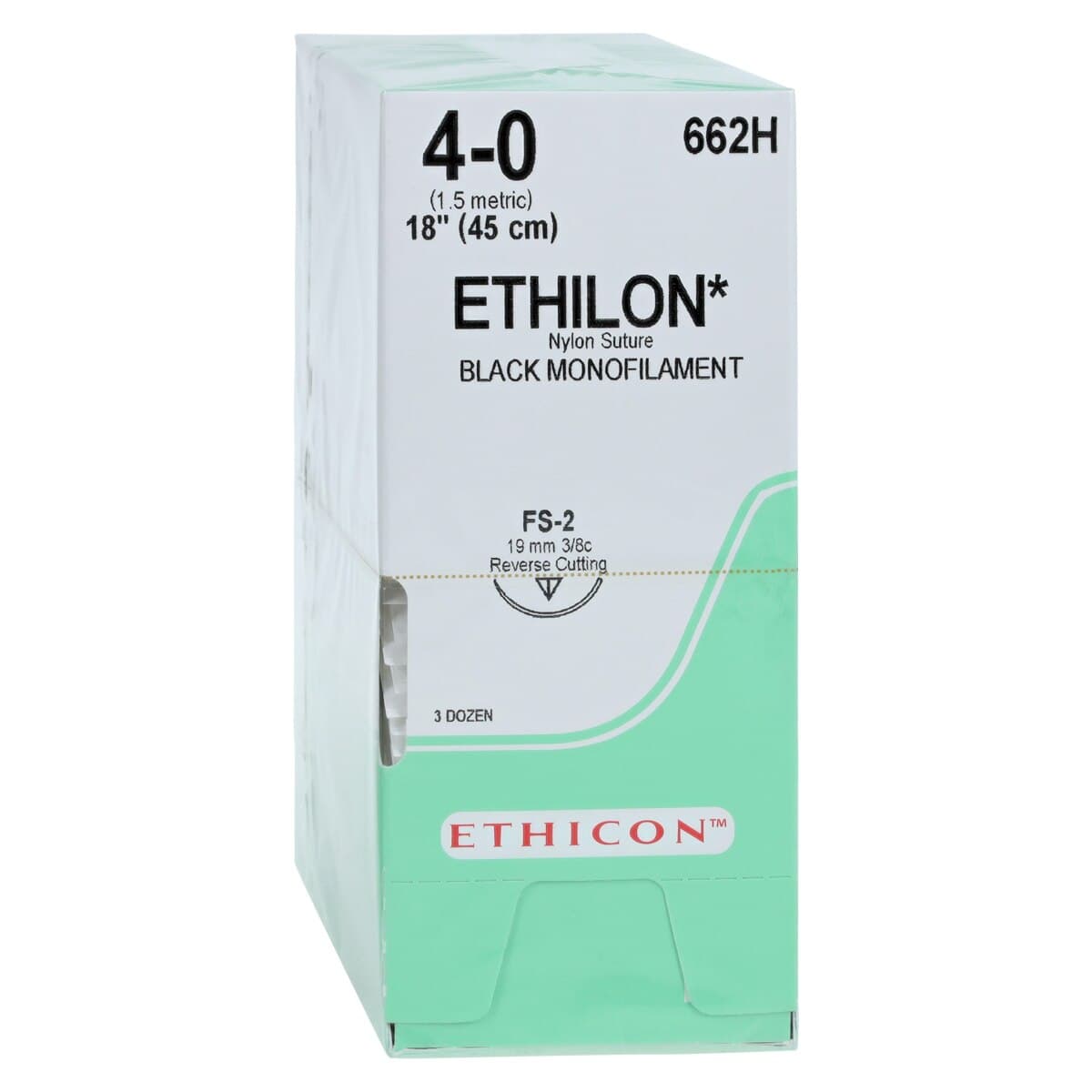 Ethicon Ethilon Nylon Monofilament Non-Absorbable Suture, 4-0, 18", Black, FS-2 Reverse Cutting Needle (3/8 Circle, 19 mm), 36/Box, 662H thumbnail 2