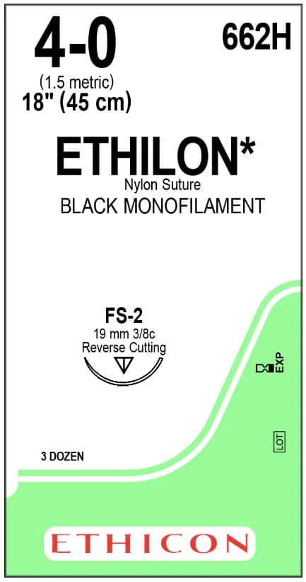 Ethicon Ethilon Nylon Monofilament Non-Absorbable Suture, 4-0, 18", Black, FS-2 Reverse Cutting Needle (3/8 Circle, 19 mm), 36/Box, 662H - ETHICON ETHILON NYLON SUTURES, 662H - Image 1