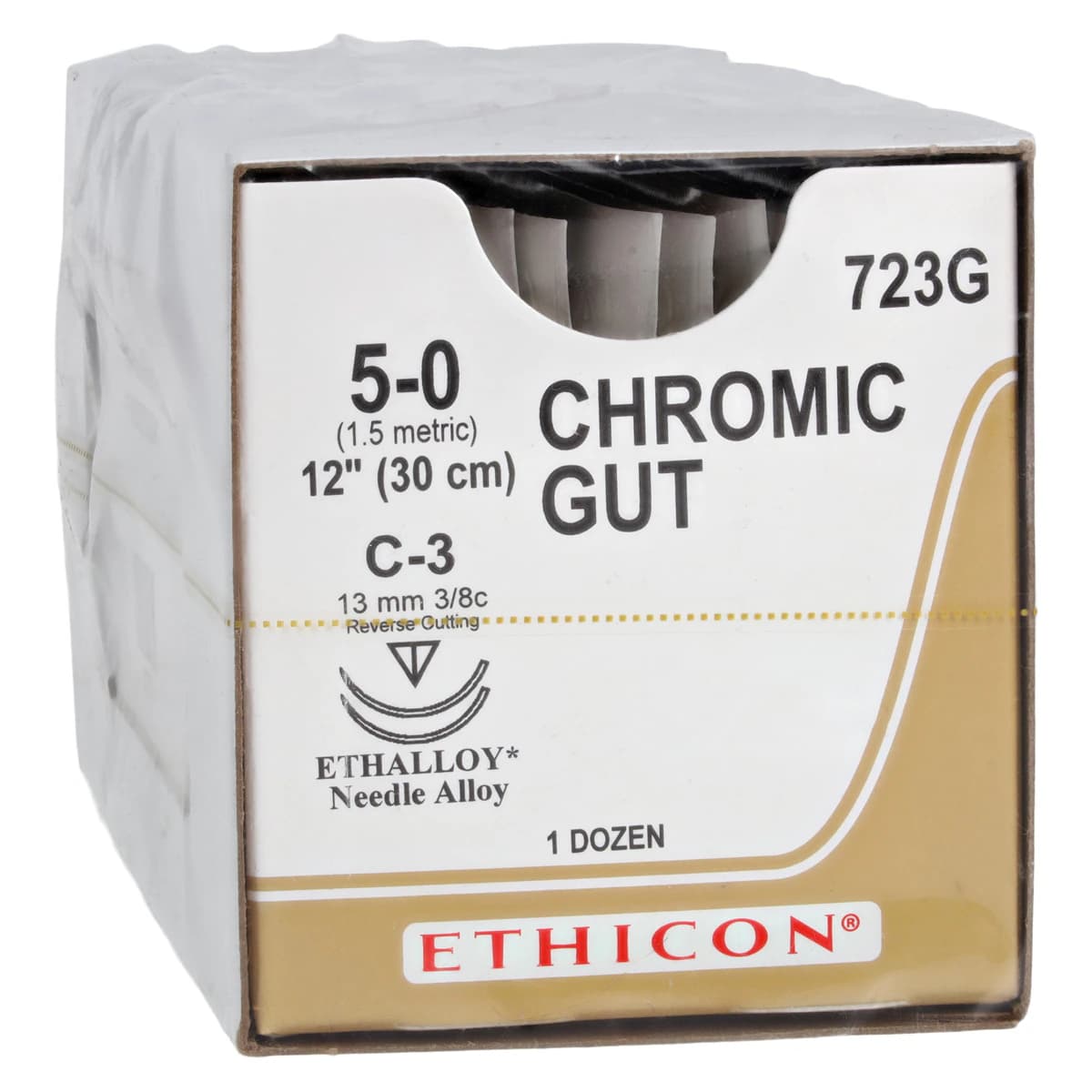 Ethicon Chromic Gut Surgical Suture, 5-0, 12" Reverse Cutting C-3 Needle, 3/8 Circle, Brown, 12/Box, 723G - ETHICON SURGICAL GUT SUTURE - CHROMIC 723G - Image 1