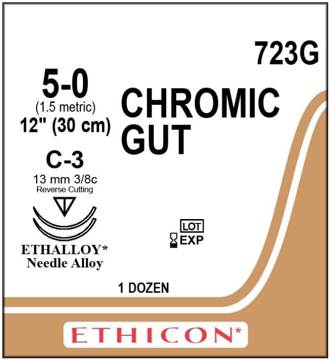 Ethicon Chromic Gut Surgical Suture, 5-0, 12" Reverse Cutting C-3 Needle, 3/8 Circle, Brown, 12/Box, 723G thumbnail 2