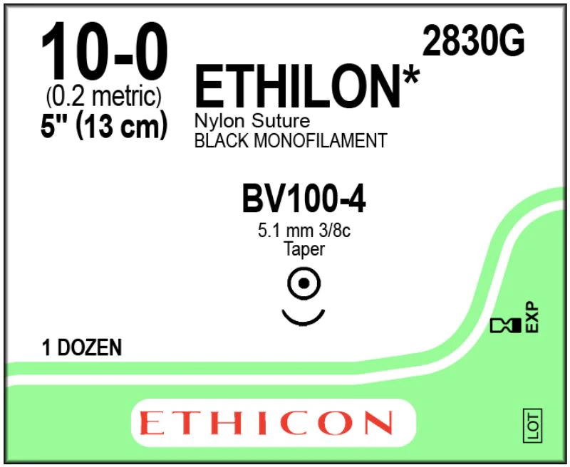 Ethicon Ethilon Nylon Suture, 10-0, 5", Black Monofilament, BV-100-4 Taper Point Needle, 3/8 Circle, 12/Box, 2830G - ETHICON ETHILON NYLON SUTURES, 2830G - Image 1