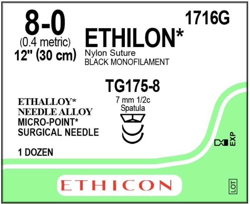 Ethicon Ethilon Nylon Suture, 8-0, Black Monofilament, TG175-8 Spatula Needle, 12" x 7mm, 1/2 Circle, 12/Box, 1716G - ETHICON ETHILON NYLON SUTURES, 1716G - Image 1