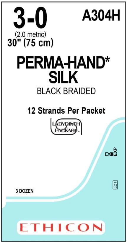 Ethicon PERMA-HAND Silk Suture, Size 3-0, 12-30", Black Braided, Non-Absorbable, Sutupak Pre-Cut, 36/Box, A304H thumbnail 2