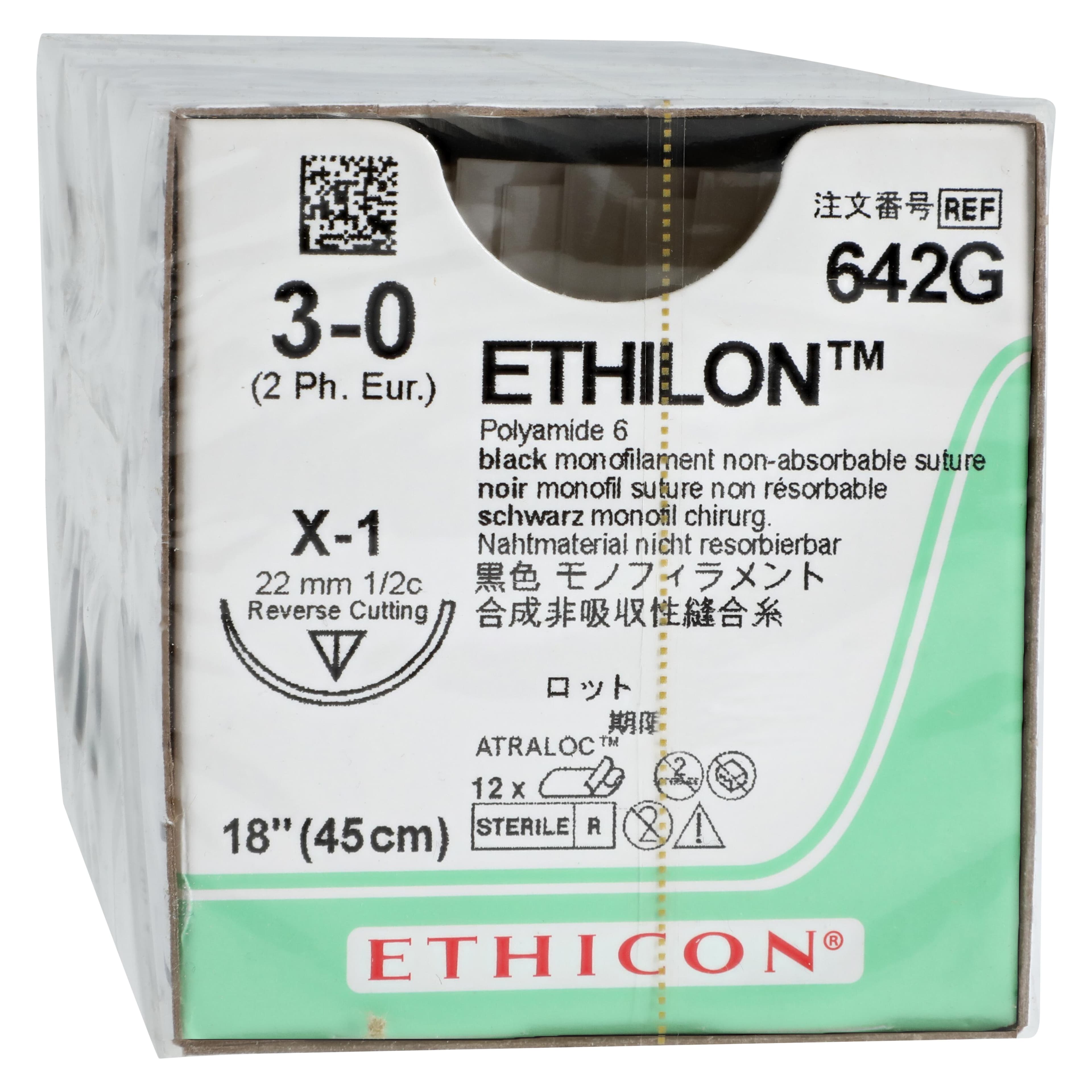Ethicon Ethilon Nylon Suture, 3-0, 18", Black Monofilament, X-1 Reverse Cutting Needle, 1/2 Circle, 12/Box, 642G thumbnail 2