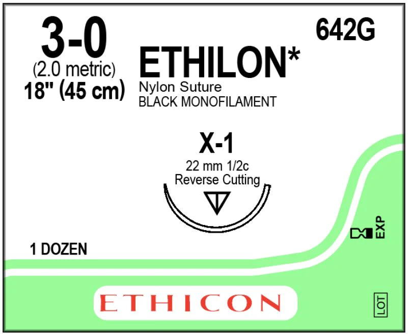 Ethicon Ethilon Nylon Suture, 3-0, 18", Black Monofilament, X-1 Reverse Cutting Needle, 1/2 Circle, 12/Box, 642G - ETHICON ETHILON NYLON SUTURES, 642G - Image 1
