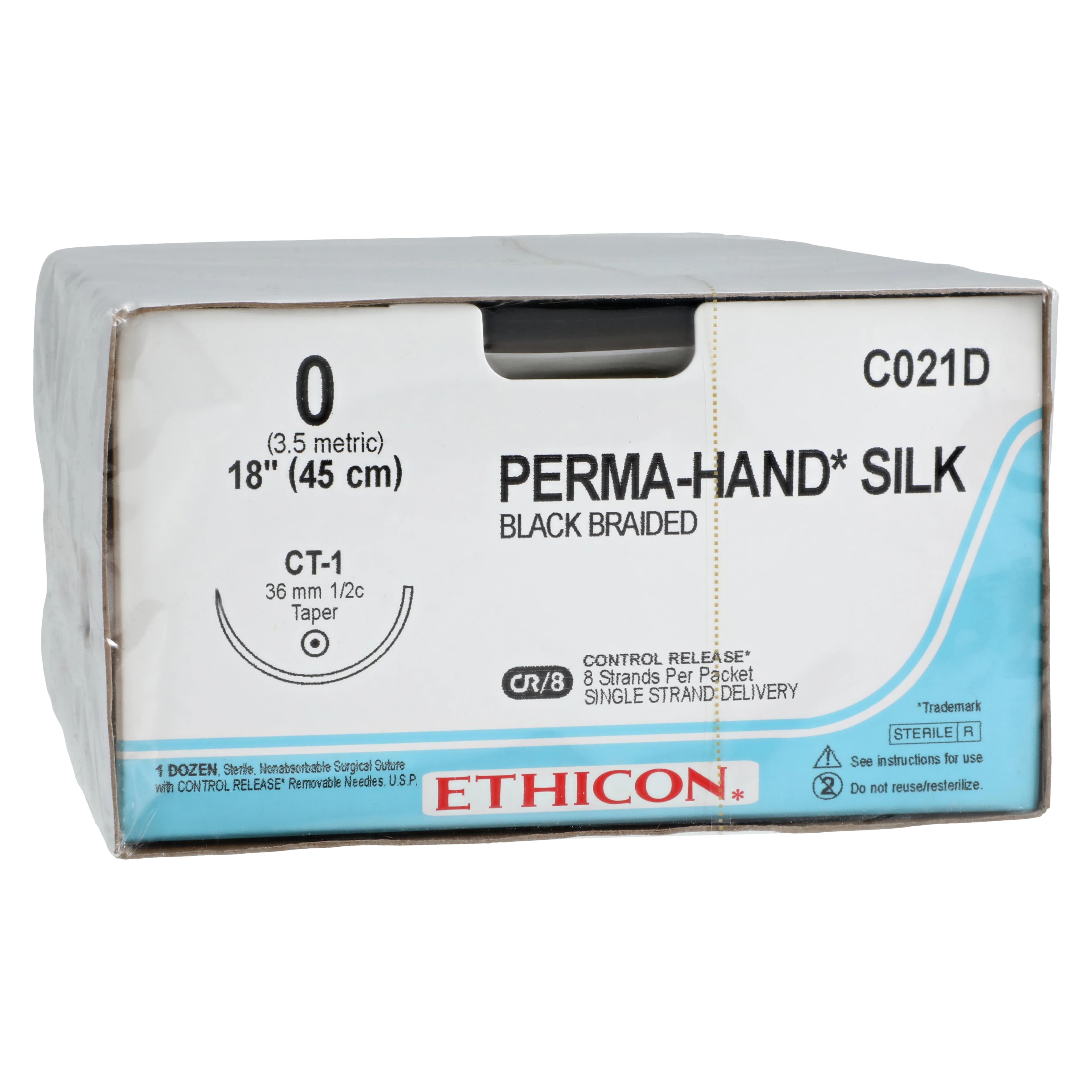Ethicon Perma-Hand Silk Suture, Size 0, Black Braided, CT-1 Taper Point Needle, 1/2 Circle, 8-18", 12/Box, C021D thumbnail 2