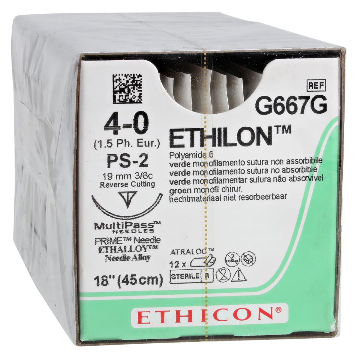 Ethilon Nylon Monofilament Non-Absorbable Suture, Size 4-0, 18", Green, PS-2 Prime Reverse Cutting 3/8 Circle Needle, 12/Box thumbnail 2
