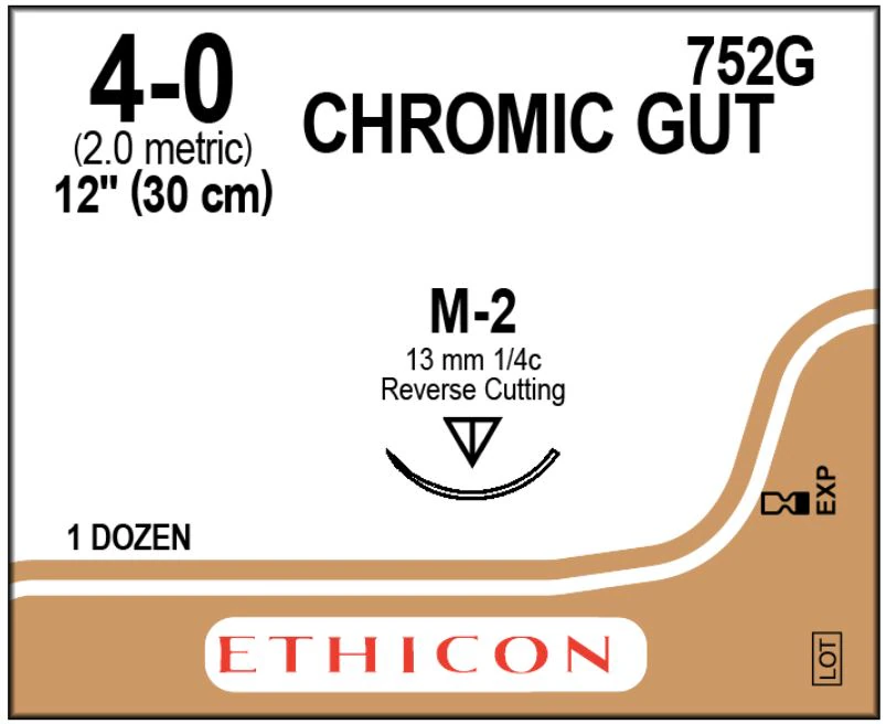 Ethicon Surgical Gut Suture, Chromic, 4-0, 12" Length, M-2 Needle, 3/8 Circle, Reverse Cutting, 12/Box, 752G thumbnail 2