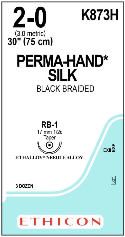 Perma-Hand Silk Braided Non-Absorbable Suture, Size 2-0, 30" (1x30"), RB-1 Taper Point 1/2 Circle 17mm Needle, Black/Brown, 36/Box - Suture Silk Black RB-1 - Image 1