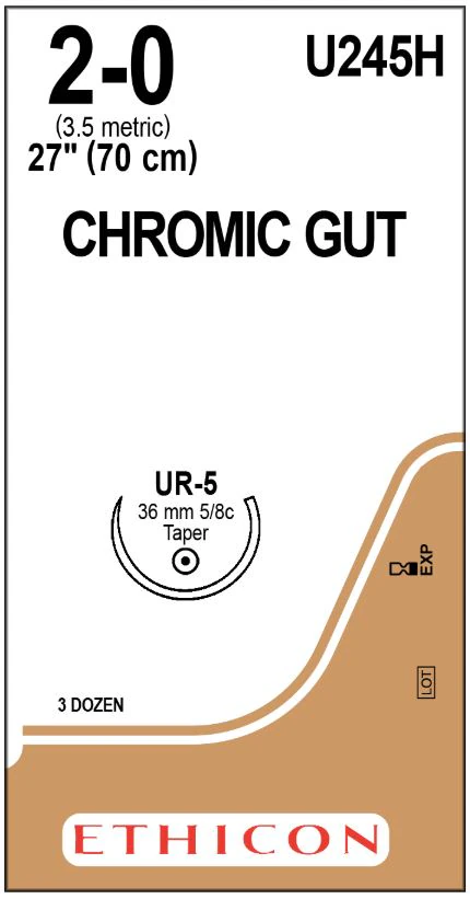 Ethicon Chromic Gut Surgical Suture, 2-0, 27", UR-5 Taper Point 5/8 Circle Needle, 36mm, 3 Dozen per Box, U245H - ETHICON SURGICAL GUT SUTURE - CHROMIC U245H - Image 1