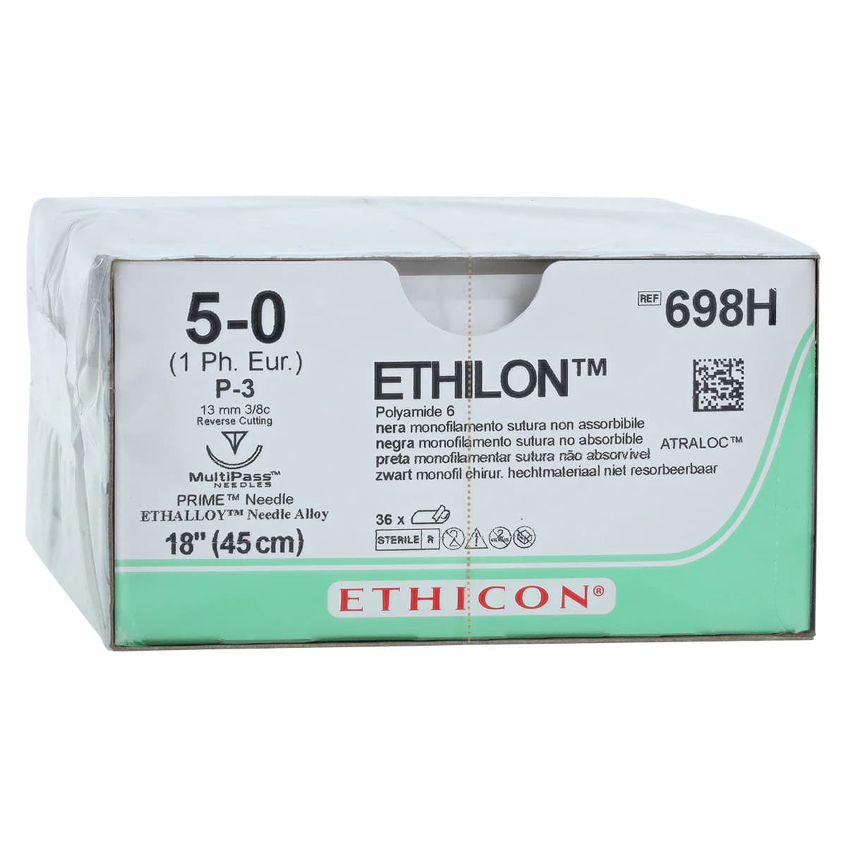 Ethilon Nylon Monofilament Non-Absorbable Suture, 5-0, 18", Black, P-3 Precision Point Reverse Cutting 3/8 Circle Needle, 36/Box, 698H thumbnail 2