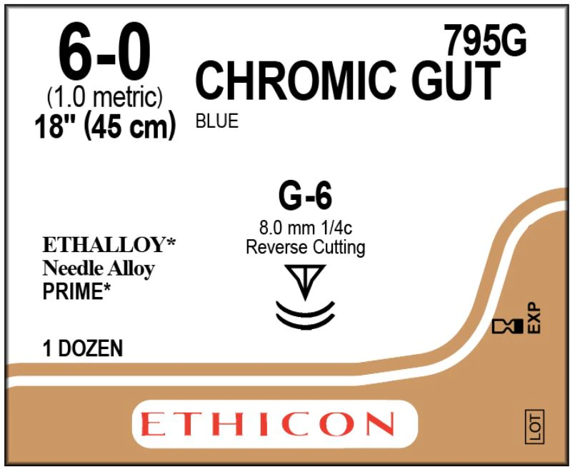 Ethicon Chromic Gut Surgical Suture, 6-0, 18", G-6 Reverse Cutting Needle, 12/Bx, 795G - ETHICON SURGICAL GUT SUTURE - CHROMIC 795G - Image 1