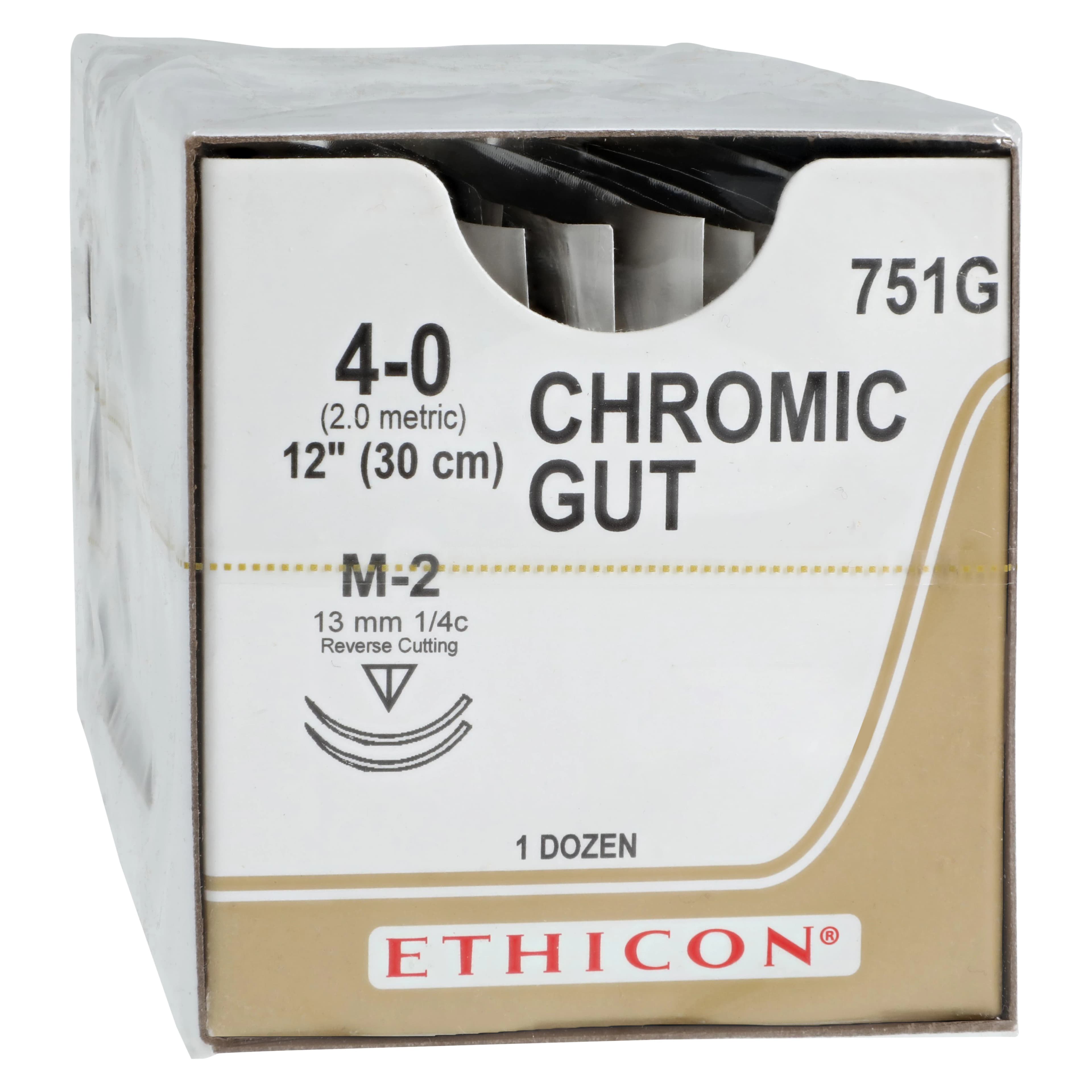 Ethicon Chromic Gut Surgical Suture, 4-0, 12" Reverse Cutting M-2 Needle, 1/4 Circle, 13mm, Brown, 12/Box, 751G - ETHICON SURGICAL GUT SUTURE - CHROMIC 751G - Image 1