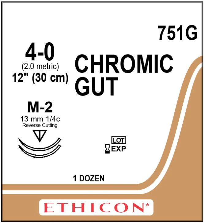 Ethicon Chromic Gut Surgical Suture, 4-0, 12" Reverse Cutting M-2 Needle, 1/4 Circle, 13mm, Brown, 12/Box, 751G thumbnail 2