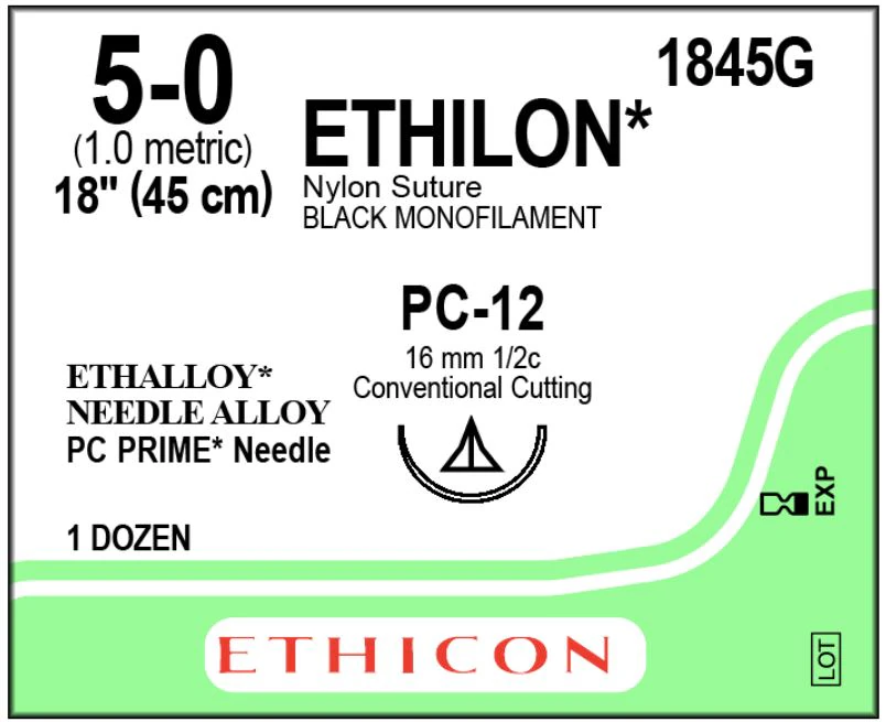 Ethicon Ethilon Nylon Suture, 5-0, 18", Black Monofilament, PC-12 Prime Conventional Cutting Needle, 1/2 Circle, 12/Box, 1845G - ETHICON ETHILON NYLON SUTURES, 1845G - Image 1