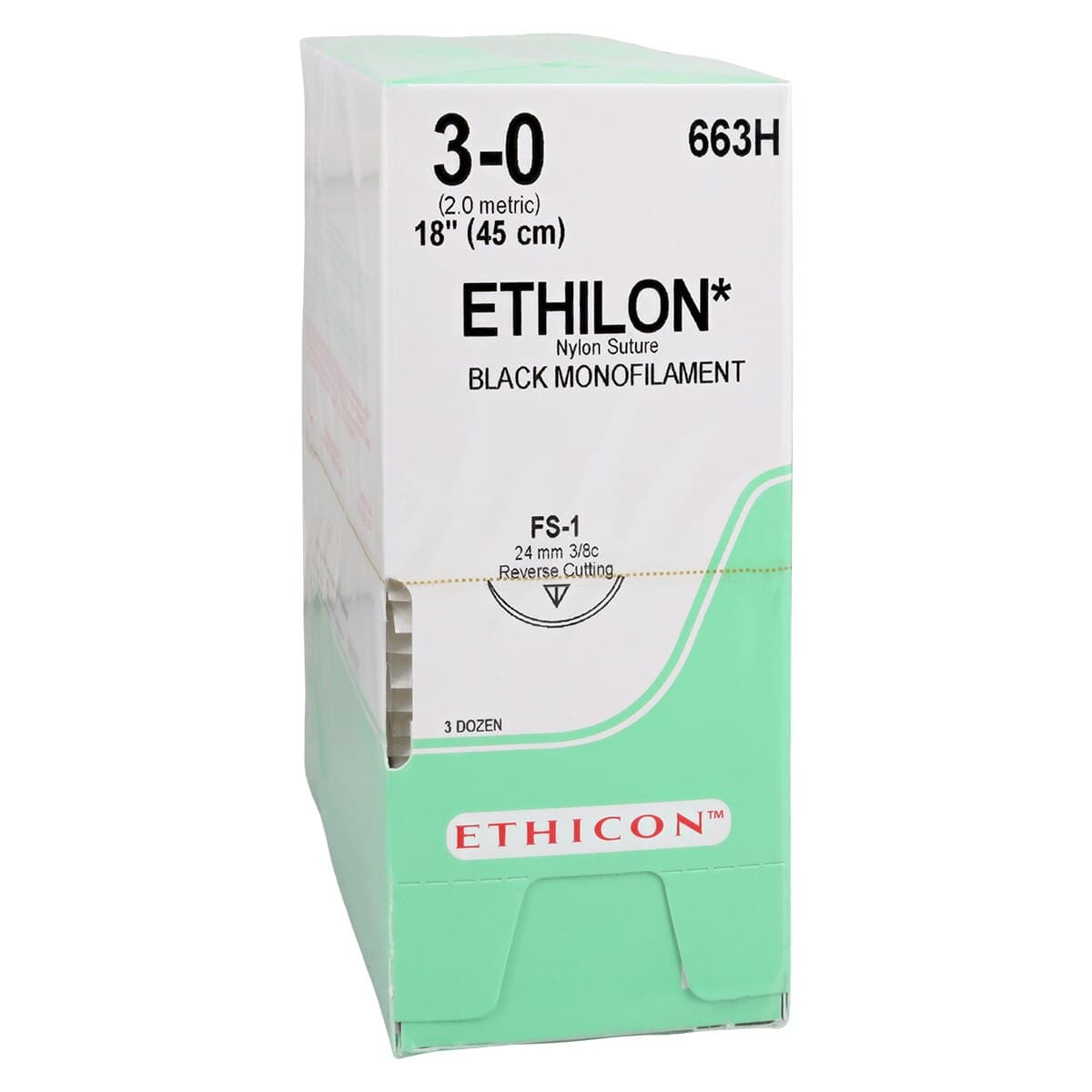 Ethicon Ethilon Nylon Suture, 3-0, 18", Black Monofilament, FS-1 Reverse Cutting Needle, 3/8 Circle, 36/Bx, 663H thumbnail 2