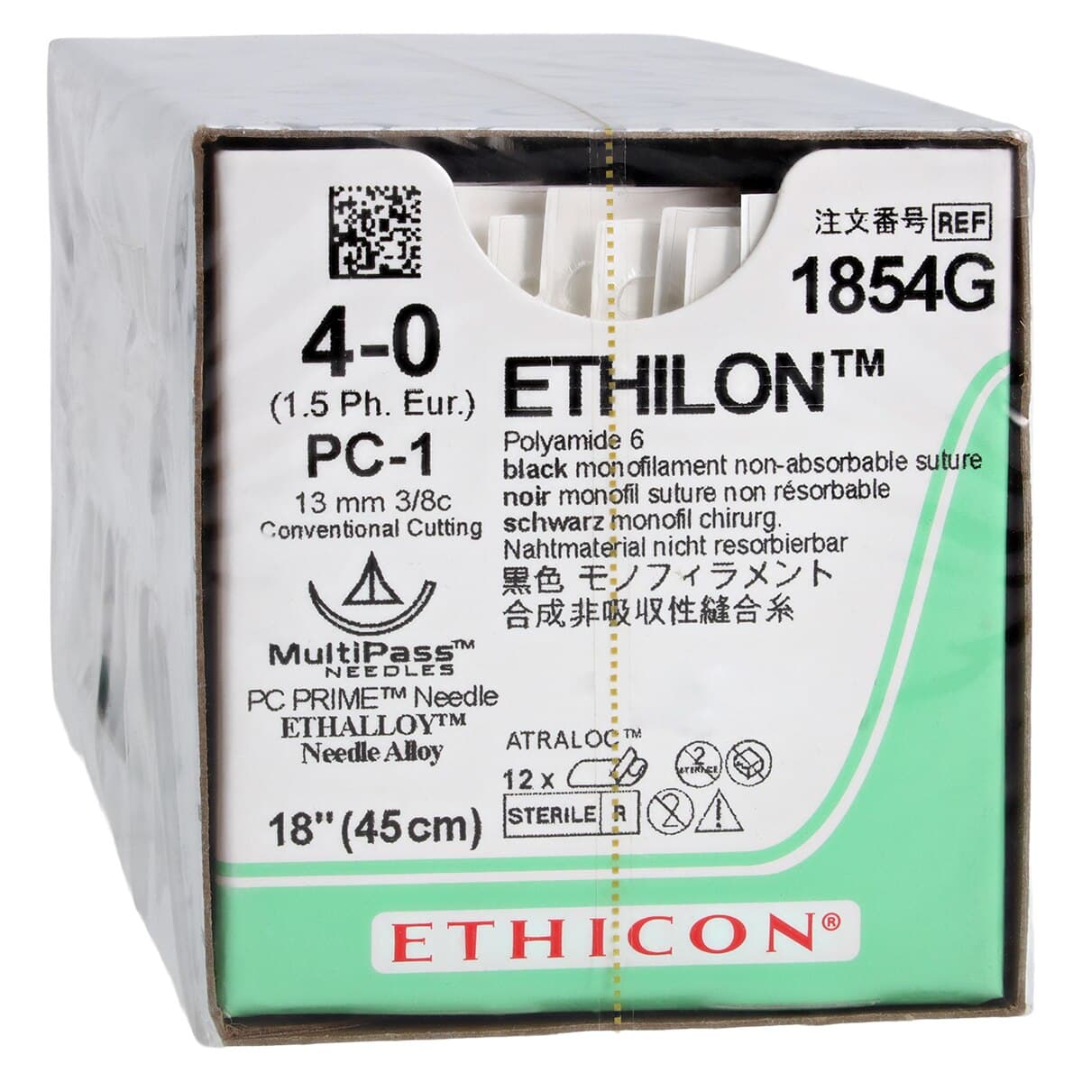 Ethicon Ethilon Nylon Suture, 4-0, 18", Black Monofilament, PC-1 Prime Conventional Cutting Needle, 3/8 Circle, 12/Box, 1854G thumbnail 2