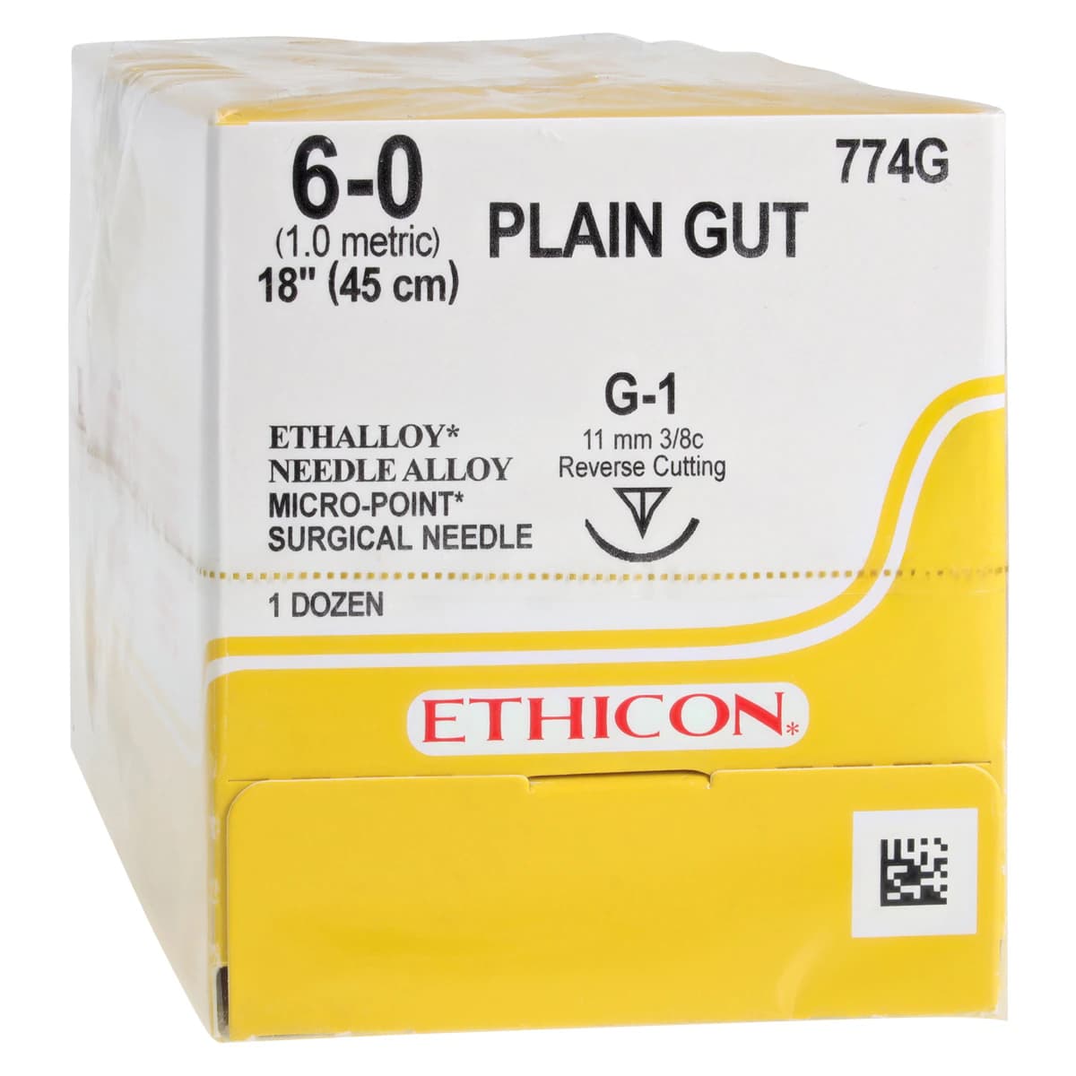 Ethicon Surgical Gut Suture, Plain, Monofilament, 6-0, 18" Length, G-1 Cutting Edge, 3/8 Circle Needle, 11mm, Uncoated, Yellowish Tan, 12/Box, 774G thumbnail 2