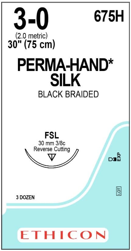 Ethicon Perma-Hand Silk Braided Suture, 3-0, 30", Black, FSL Reverse Cutting 3/8 Circle Needle, 36/Box, 675H - Suture Silk Black Brd 3-0 FSL - Image 1