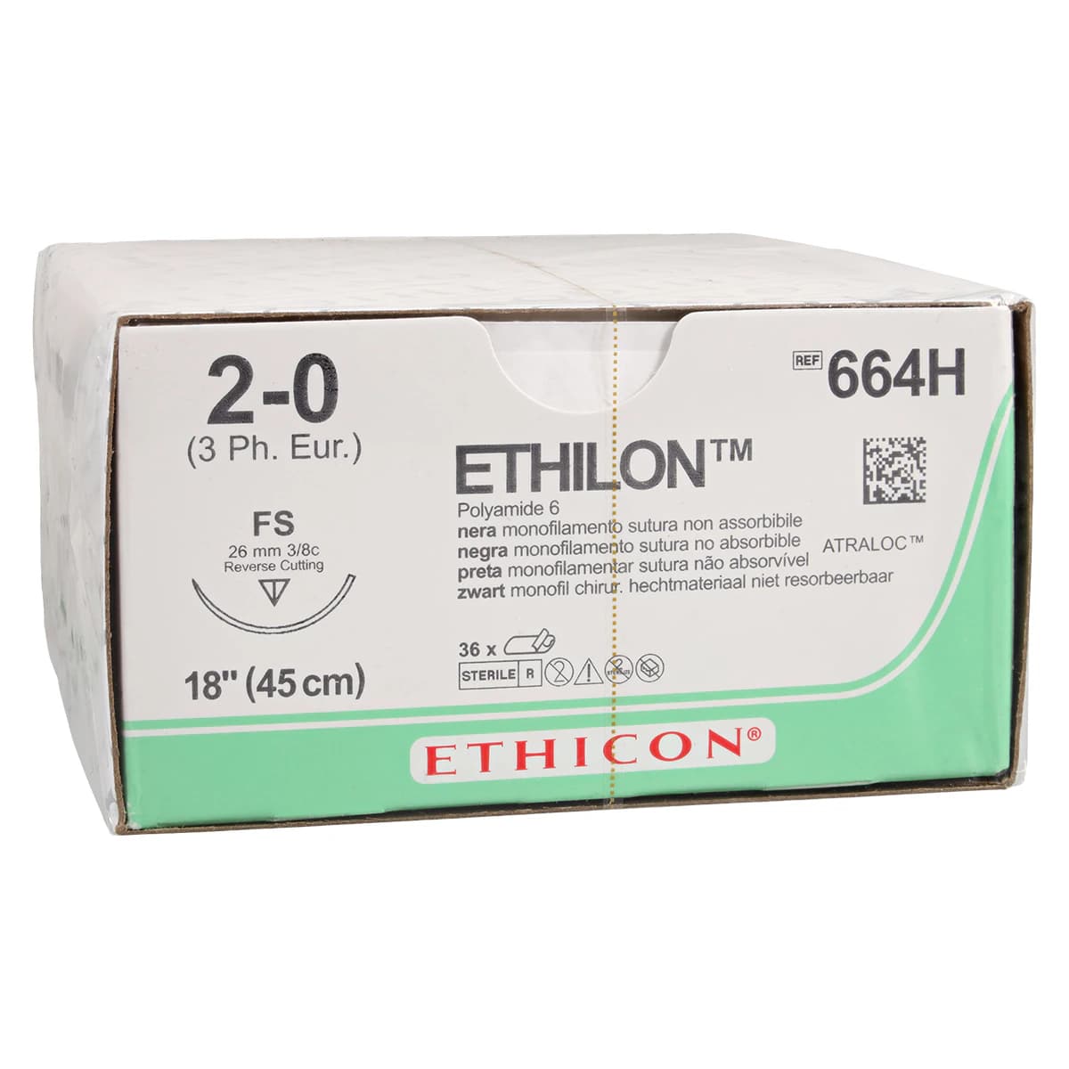 Ethilon Nylon Monofilament Non-Absorbable Suture, Size 2-0, 18", Black, FS Reverse Cutting 3/8 Circle Needle 26mm, 36/Box thumbnail 2