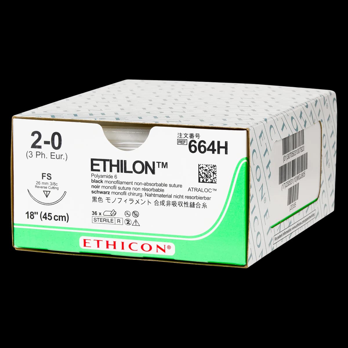 Ethilon Nylon Monofilament Non-Absorbable Suture, Size 2-0, 18", Black, FS Reverse Cutting 3/8 Circle Needle 26mm, 36/Box - Suture Ethilon Nyl Mono Blk Fs - Image 1