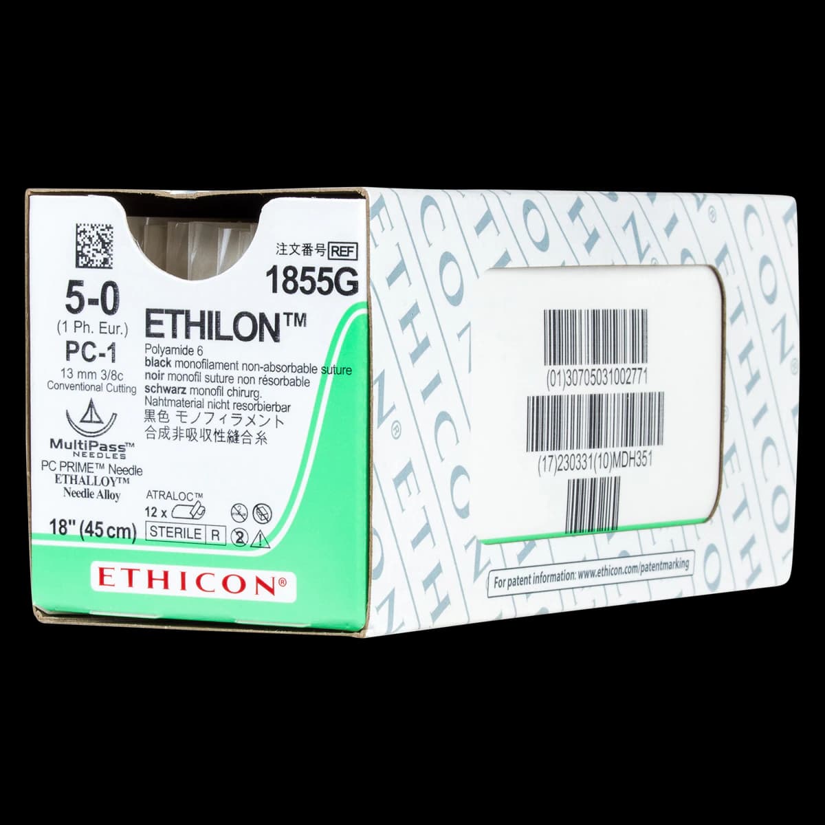 Ethicon Ethilon Nylon Suture, 5-0, 18", Black Monofilament, PC-1 Prime Conventional Cutting Needle, 3/8 Circle, 12/Box, 1855G thumbnail 2