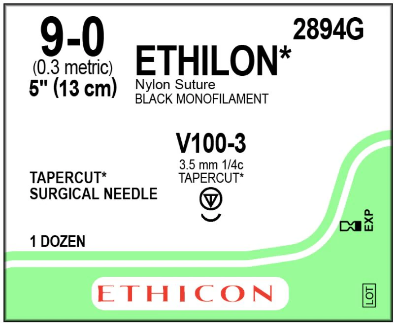 Ethicon Ethilon Nylon Suture, 9-0, Black Monofilament, V100-3 Tapercut Needle, 5", 12/Box, 2894G - ETHICON ETHILON NYLON SUTURES, 2894G - Image 1
